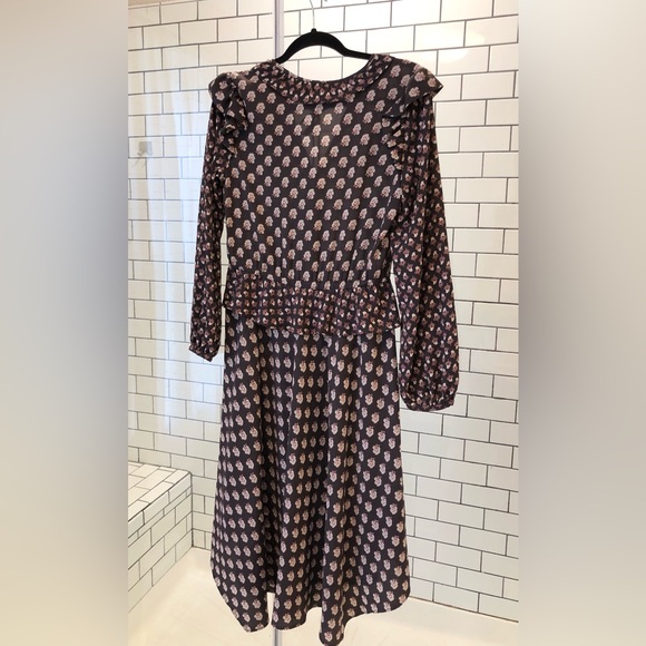 H & M Women's Size 4 Ruffled Vintage Style Midi Dress Key Hole Neck Brown - Picture 6 of 6